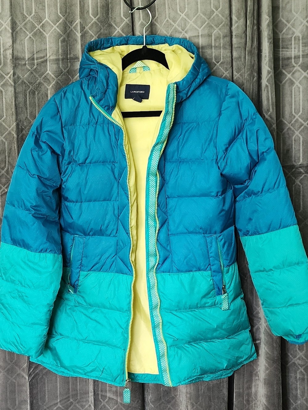 Lands' End Teal and Aqua Kids' Colorblock Puffer Jacket with Yellow Lining